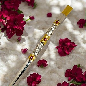 Bomba Chimarrão Prata 600 Ouro 12k com 3 flores de ouro e pedras vermelhas