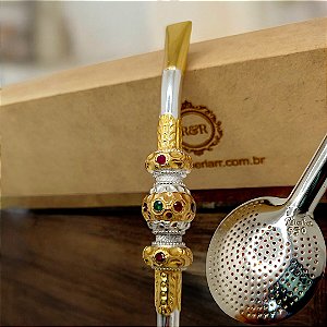 Bomba Chimarrão Exclusiva em Prata de Lei  950 e ouro 18k lâminado com 10 rubis Naturais e 1 pedra de Esmeralda Natural