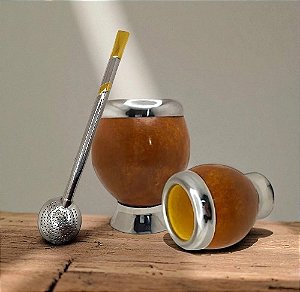 Kit Cuia Coquinho Uruguaio + Bomba Inox Chapinha gravação Ouro 24k - R&R