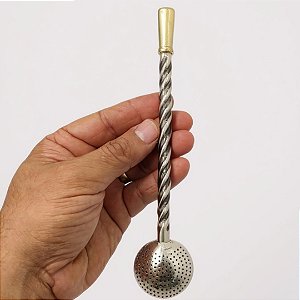 Bomba de Chimarrão Premium em Alpaca Polida - Detalhes Envelhecidos, Cano Torcido e Chupeta Adornada