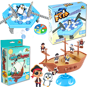 Kit com 2 Brinquedos Equilíbrio O Mar Tá Bravo Navio Pirata Infantil + Quebra Gelo Pinguim