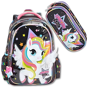 Kit Mochila e Estojo Escolar Unicornio Resistente Lançamento - DANLEX
