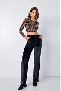 Calça Wide Leg em Veludo Flor de Lis Preto