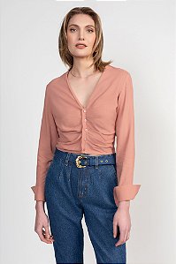 Blusa Solta com Abotoamento Frontal Flor de Lis Italian Clay