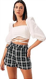 Shorts Xadrez Recortes Tweed Dimy Preto Branco