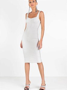 Vestido Justo Midi Lurex Brilhoso Flor de Lis Prata