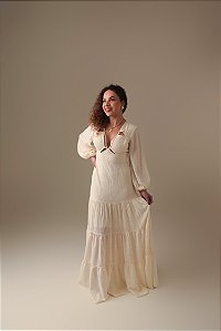 Vestido Longo Manga 3/4 Viscose Dimy Bege Cream