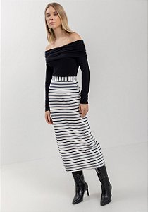 Saia Midi Listrada Com Cintura Alta e Fenda Posterior lez a Lez