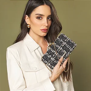 Bolsa Clutch Media Tweed Preto