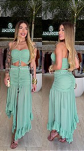 Conj. Crepe Cropped/Saia Midi Drapeados 5 Estrelas !