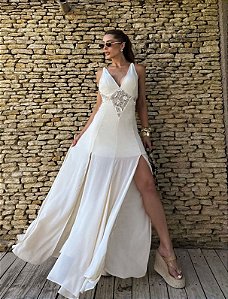 Vest. Longo Crepe flor 3D Crochê 5 Estrelas !