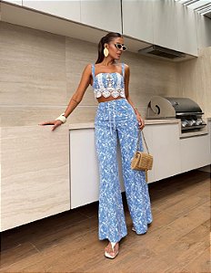 Conj. Tricoline Cropped/Pantalona Renda 5 Estrelas !