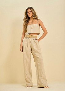 Conj. Cropped/Pantalona Cinto Palha Open !