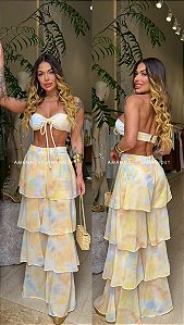 Conj. Crepe Tie Dye Pantalona Babados/Biquini 5 Estrelas !