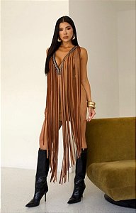 Vestido Sued Decote V/Franjas !
