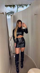 Conj. Couro PU Jaqueta Cropped/Saia Cinto !
