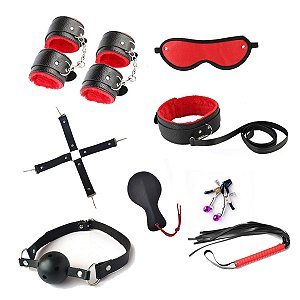 Kit Sadomasoquismo Bondage 11 Peças BDSM Mordaça Chicote Palmatoria Fetiche Motel SexShop Erotico