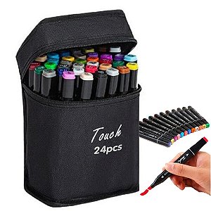 Caneta Marcador Permanente 24 Cores Estojo Conjunto Ponta Dupla Pintura Desenho Arte