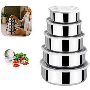 Conjunto 5 Potes Inox Com Tampa Cozinha Despensa Geladeira