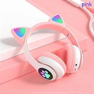 Fone De Ouvido Gatinho Bluetooth Infantil Led Menino Menina Cor: Rosa