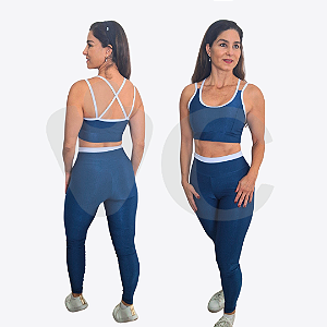 CONJUNTO CANELADO DE COMPRESSÃO DUAS CORES - PETRÓLEO E BRANCO