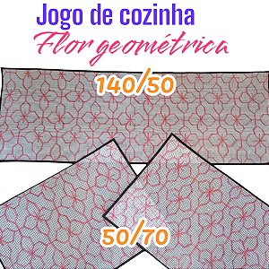 Jogo de cozinha talagarça desenhada flor geométrica 3 peças