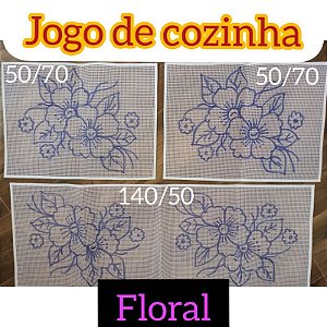 Jogo de cozinha talagarça desnhada floral