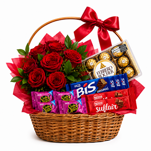 Cesta de Rosas com Chocolate