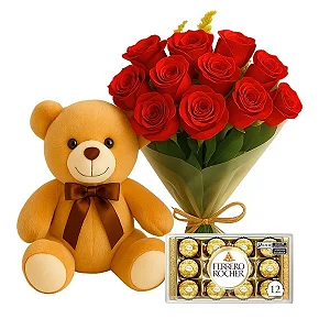 Buquê De 12 Rosas Vermelha Com Chocolate E Pelúcia