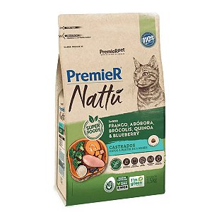 Ração Premier Nattu Gatos Adultos Castrados Abóbora 7,5 kg