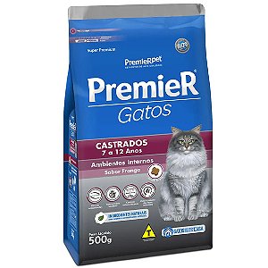 Ração Premier Ambientes Internos Gatos Castrados 7 a 12 anos Frango 500 g