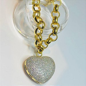 PULSEIRA BERLOQUEIRA ELO PORTUGUES E PINGENTE CORAÇÃO DUPLA FACE COM CRAVEJAM. DE 968 ZIRCONIAS 1mm 27,3GR  18K