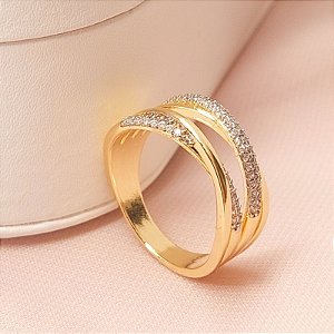 ANEL DUPLO FAIXAS EM X CRAVEJADO EM ZIRCÔNIAS E RÓDIO