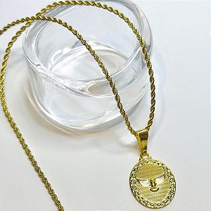 CONJ 2PÇ GARG COLAR BAIANO LISO 40CM + MEDALHA ESPIRITU SANTO