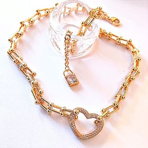 COLAR INSPIRAÇÃO TUFFANY COM FECHO LUXO E PING CORAÇÃO CRAVEJ 45+5CM