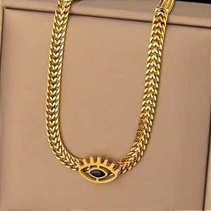 GARGANTILHA COM PINGENTE OLHO GREGO PEDRA ONIX, CORDÃO DE 5MM DE LARGURA 45+5CM EXTENSOR 12,80GR   18K