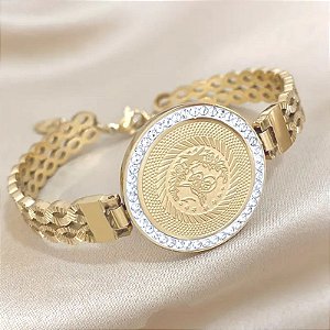 BRACELETE ESTILO RELÓGIO AÇO DOURADO COM DETALHES