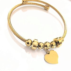 BRACELETE FEMININO AÇO COM BERLOQUES ESFERAS E PIN