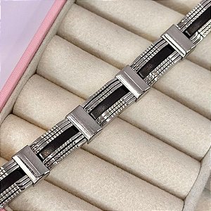 BRACELETE MASCULINO XADREZ AÇO E DETALHE CENTRAL E