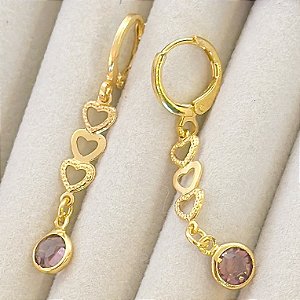BRINCO ARGOLA COM CORAÇÔES PEND E ZIRC ROSA