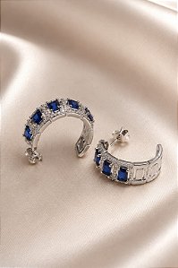BRINCO ARGOLA LUXO PRATA ZIRC RETANG AZUL E ENTORN