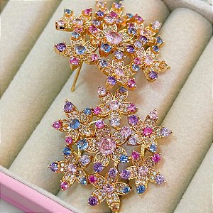 BRINCO LUXO FLORES CRAVEJADAS EM ZIRCÔNIA COLORIDA