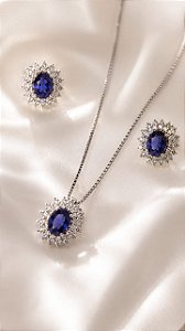 Conjunto - CJ 4 PÇ PRATA E ZIRC COR SAFIRA AZUL CENTRAL E ZIRC ENTORNO GARG+PING E BR 45CM