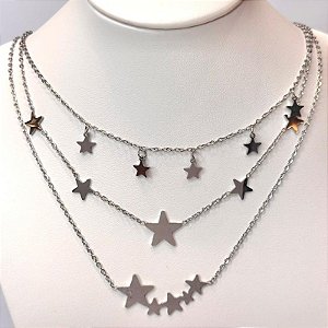 COLAR ELO CADEADO TRIPLO COM ESTRELAS