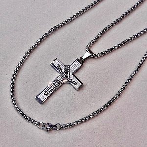 Conjunto - COLAR ELO QUADRADO COM PING CRUZ ORAÇÃO PAI NOSSO