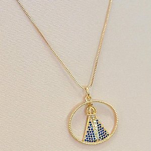 Conjunto - COLAR FIO VENEZ E PINGENTE NOSSA SENH APARECIDA CRAV EM ZIRC AZUL