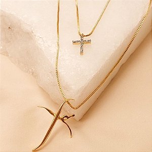 Conjunto - COLAR VENEZ PING FÉ E CRUZ ZIRC PRETA 60CM