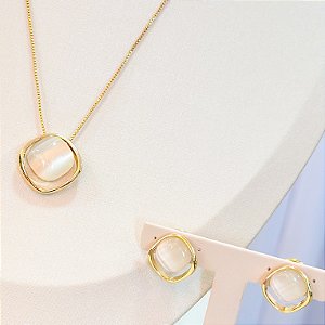 Conjunto - CONJ 04 PÇ LUXO GARG VENEZ45 +  PINGENTE E BRINCO QUADRADO COM PEDRA OLHO DE GATO
