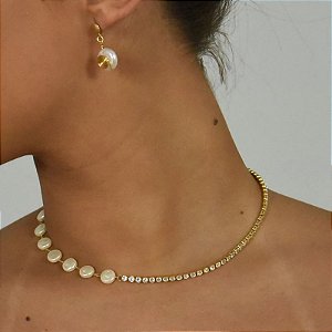 Conjunto - CONJUNTO 3PÇ  GARGANTILHA CHOKER MISTA METADE RIVIERA E METADE EM PEROLAS BARROCAS MAIS BRINCOS FIXO COM PEROLA PENDENTE 18K