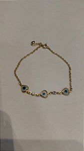 PULSEIRA  ELO PORTUGUES COM 3 CORAÇÕES OLHO GREGO